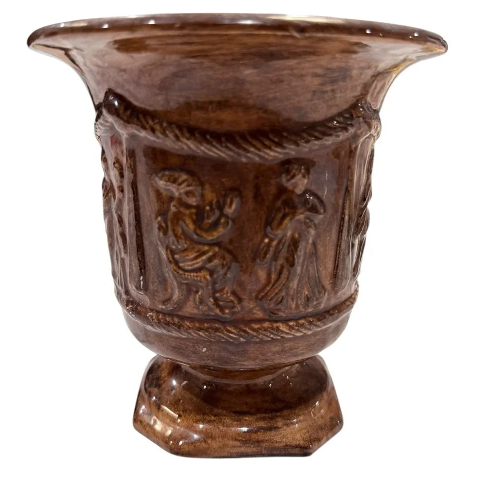 Vintage Mid Century Greek “ATHENS” Relief Vase Brown Glazed Pottery Classical